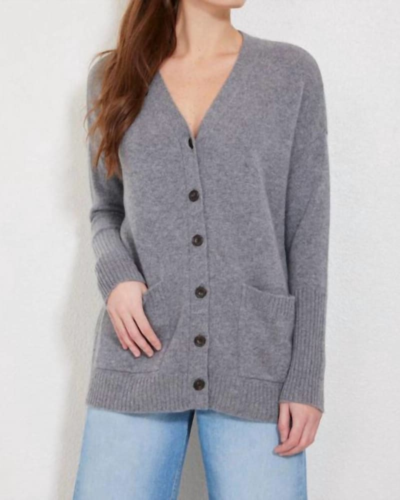 Front of a model wearing a size large Campbell Cashmere Cardigan in Storm Grey in Storm Grey by NOT MONDAY. | dia_product_style_image_id:343614